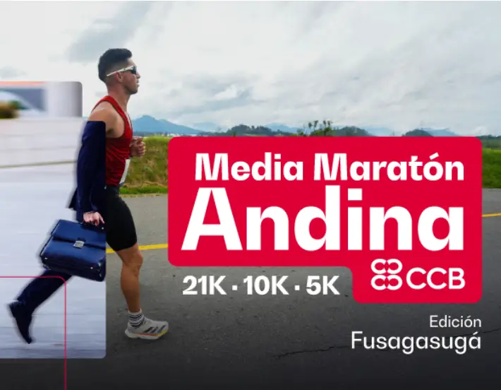 Corredor participando en la Media Maratón Andina CCB 2025 en Fusagasugá, con información del evento deportivo.