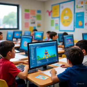 “Estudiantes usando tecnología de Inteligencia Artificial en aulas colombianas”