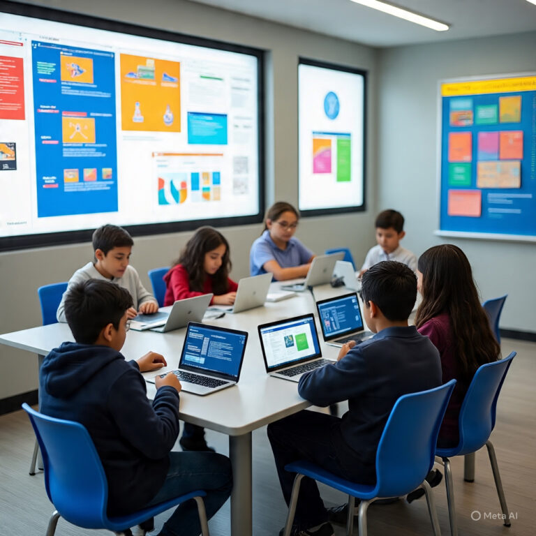 Estudiantes usando tecnología de Inteligencia Artificial en aulas colombianas