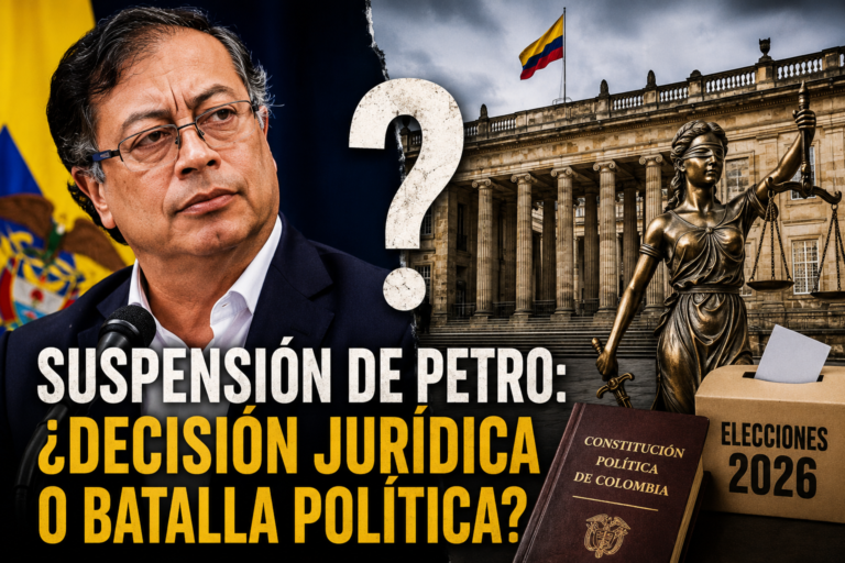 Montaje sobre la controversia por la propuesta de suspensión del presidente Gustavo Petro y el debate constitucional sobre sus efectos durante el período electoral de 2026.