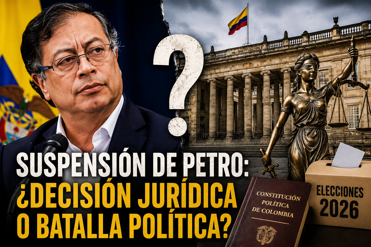 Montaje sobre la controversia por la propuesta de suspensión del presidente Gustavo Petro y el debate constitucional sobre sus efectos durante el período electoral de 2026.
