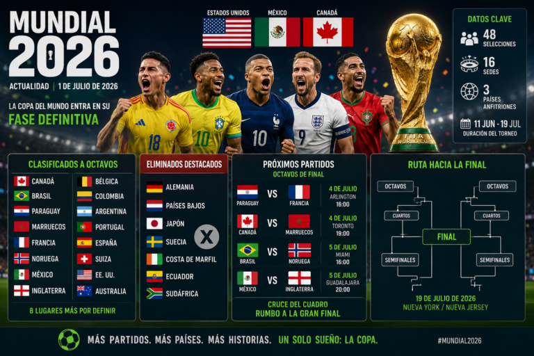 Mundial 2026 con selecciones clasificadas, equipos eliminados y partidos de octavos de final